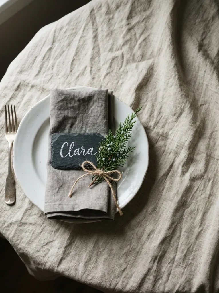 "Slate place card gift tags with white chalk marker names"