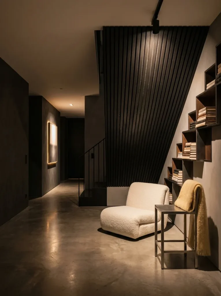 "Under-stair reading alcove with black-stained ash slats"
