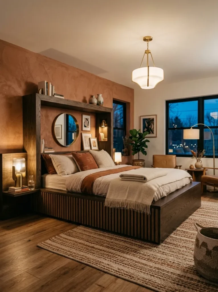 "Built-in smoked oak box bed against terracotta plaster walls"