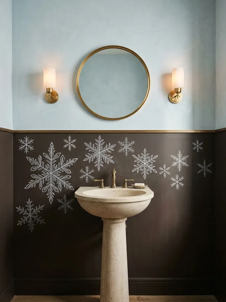"Snowflake chalk drawings on an espresso band in a powder room"