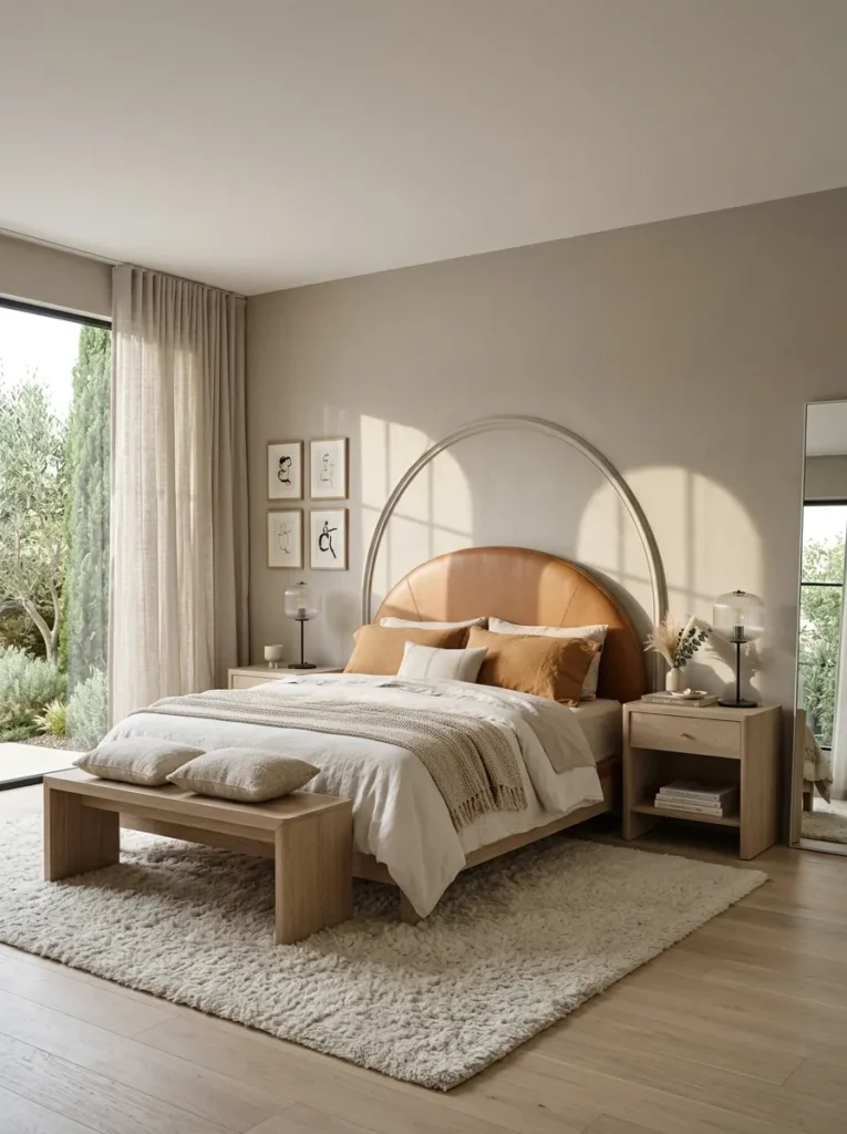 "Transitional bedroom with caramel leather headboard and arched molding"