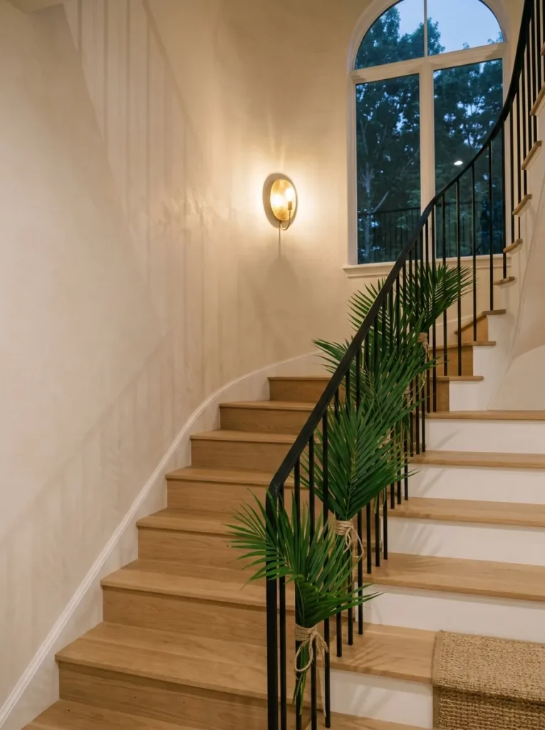 "Palm fronds tied along staircase balusters like shingles"
