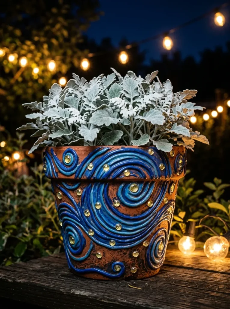 "Raised swirl pot painted like Van Gogh's Starry Night"