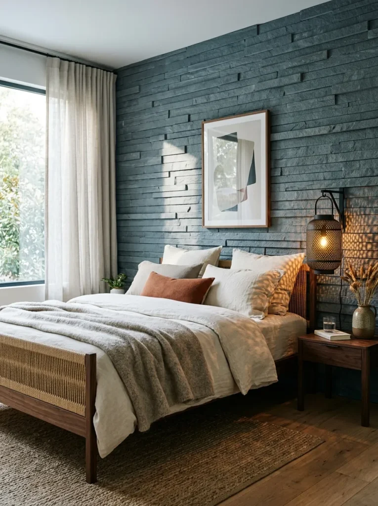 "Slate ledgestone veneer wall behind a walnut rope bed"