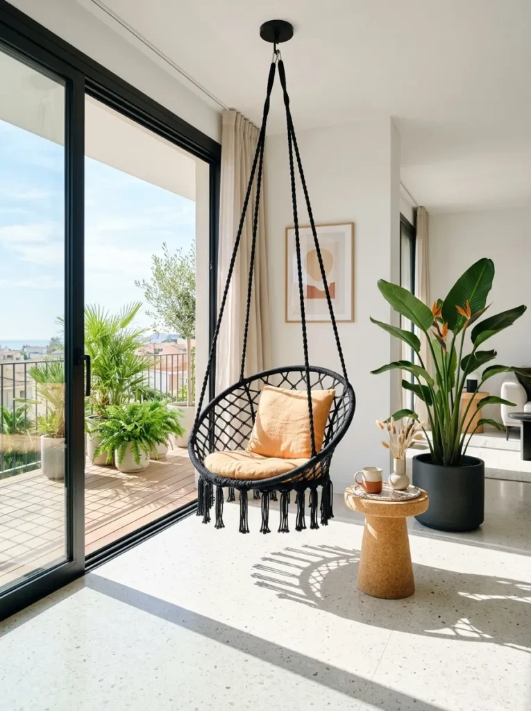 "Jet-black woven swing chair over a pale terrazzo floor"