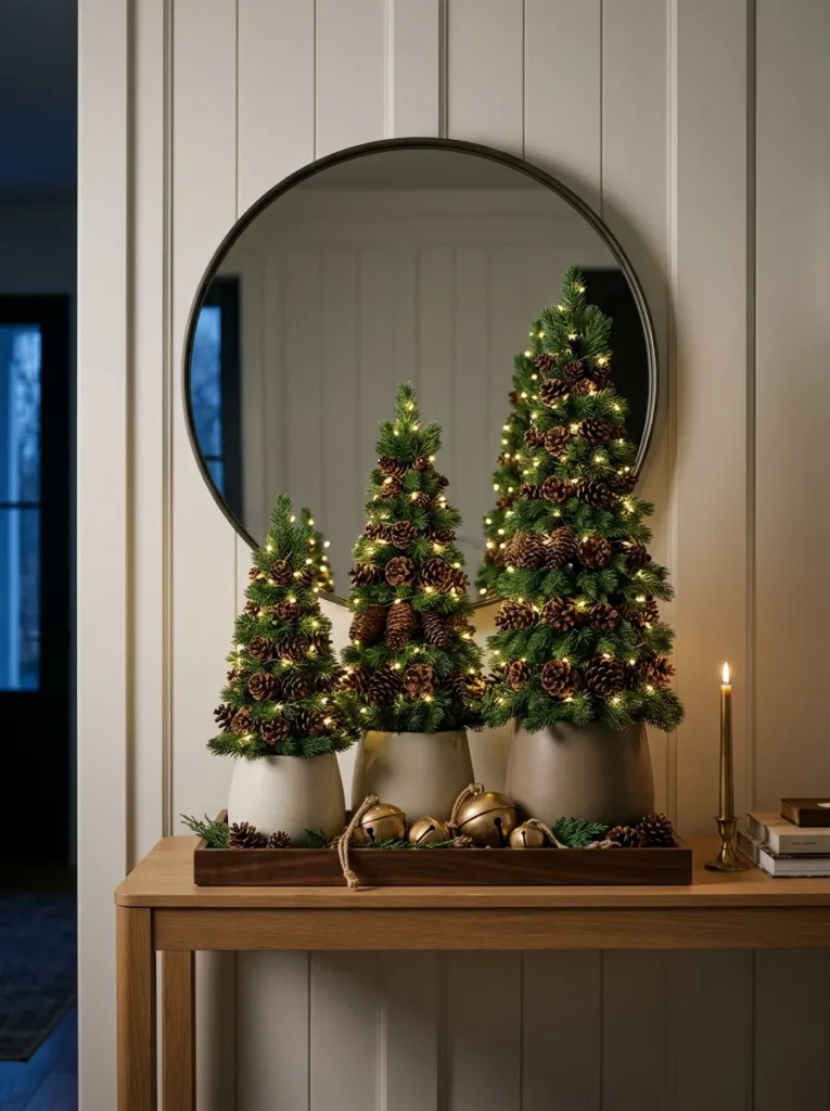 "Trio of tabletop spruce cone trees on a walnut tray"