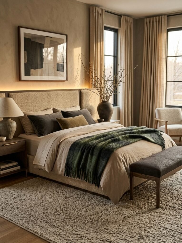 "Tartan wool runner folded over a mushroom twill duvet"