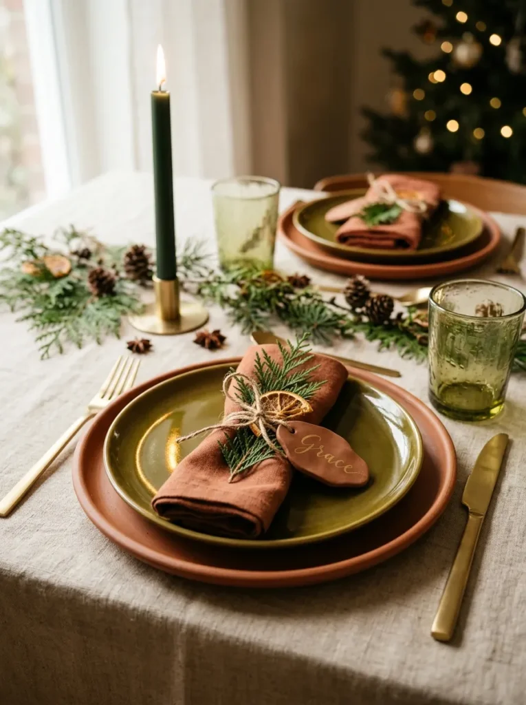 "Olive glazed plate on a terracotta plant-saucer charger with jute-tied napkin"