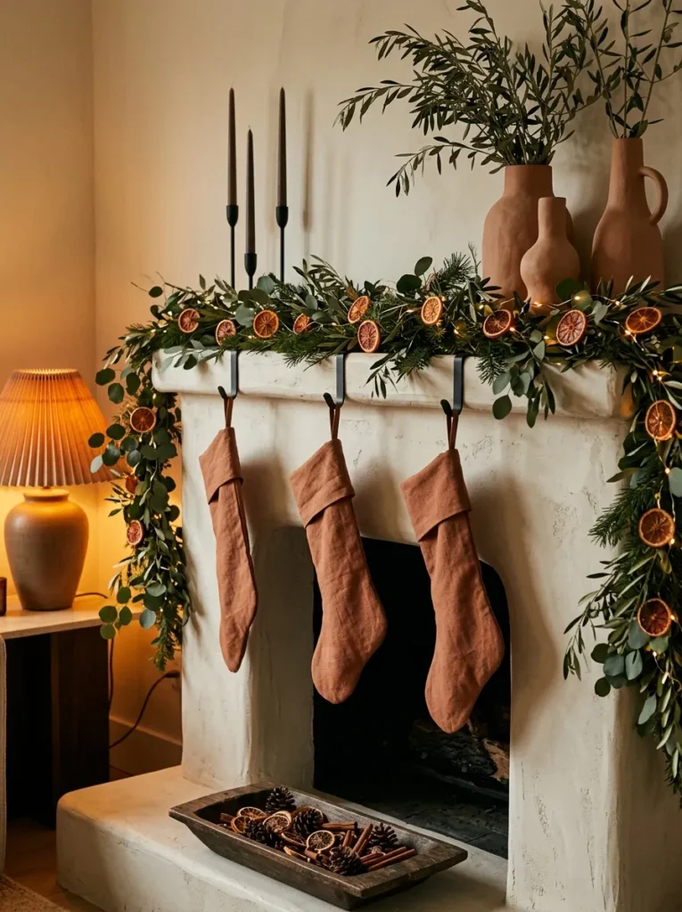 "Terracotta Christmas mantel with dried blood orange garland"