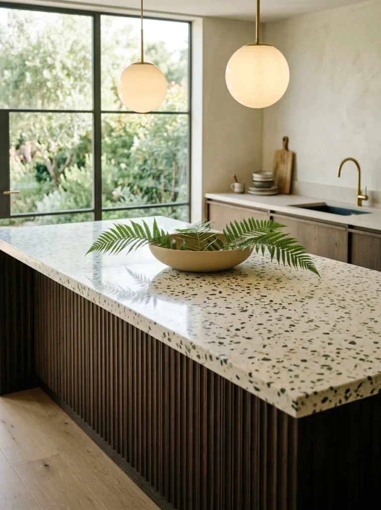 "Palm fronds splayed in a sunburst on a terrazzo kitchen island"