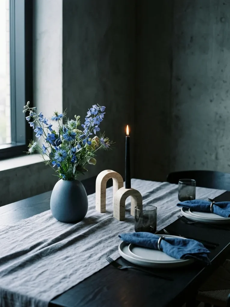 "Tonal blue larkspur arrangement in a slate-blue pebble vase"