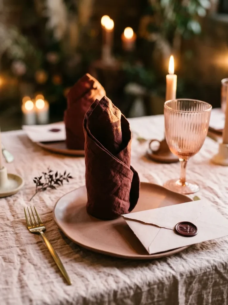 "Tonal blush and oxblood place setting with a wax-sealed envelope place card"