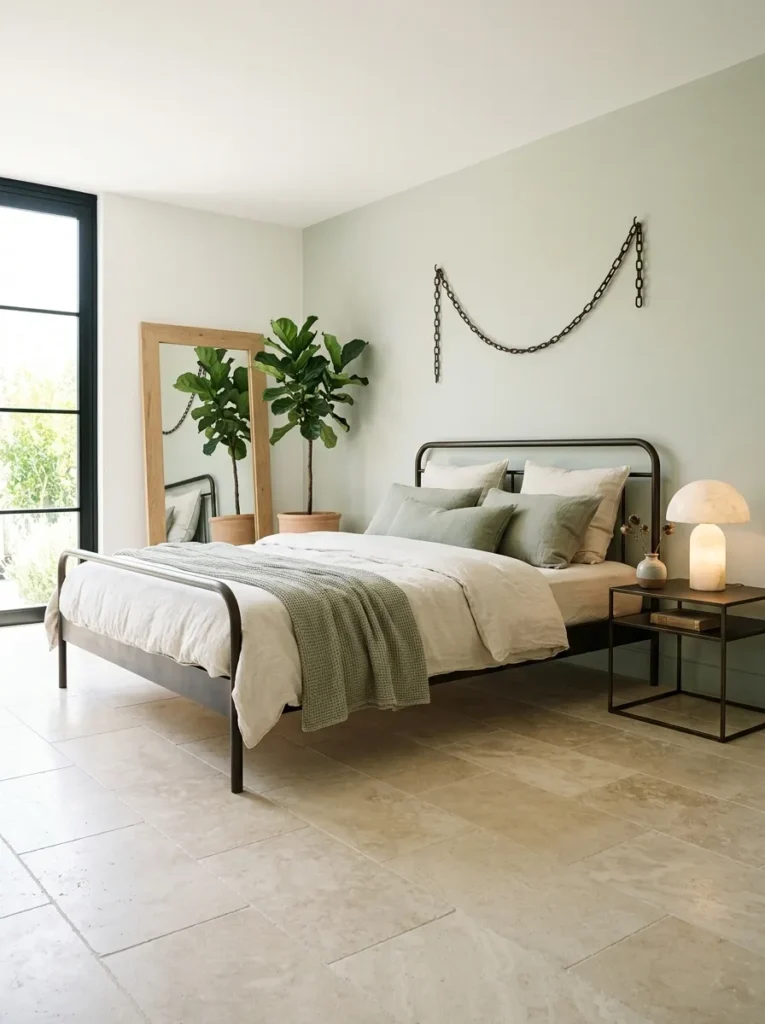 "Honed travertine floor and sage walls in a stone-inspired bedroom"