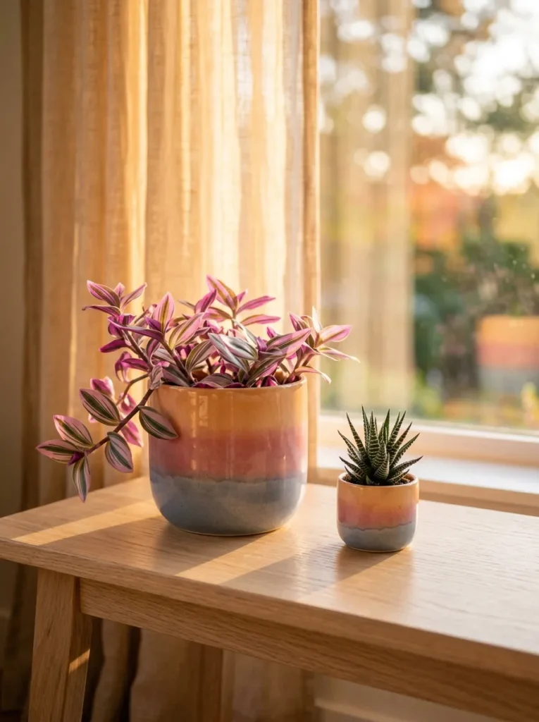 "Turner-inspired sunset gradient pot pair on a window bench"
