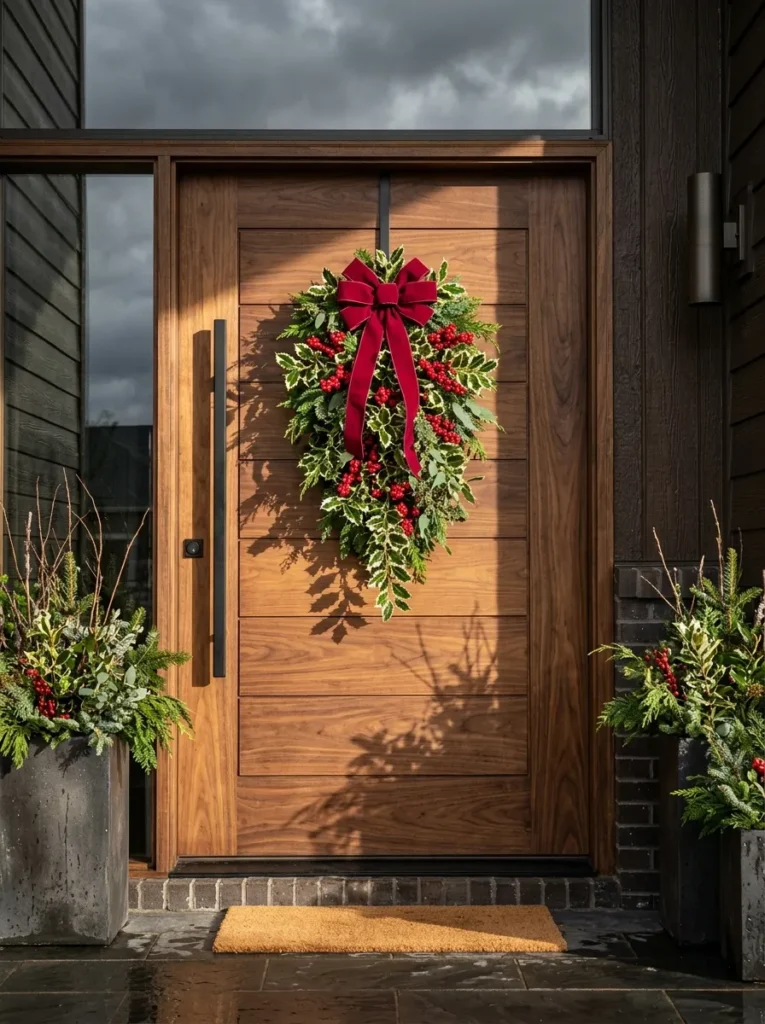 "Variegated holly teardrop wreath with a red bow on a walnut door"