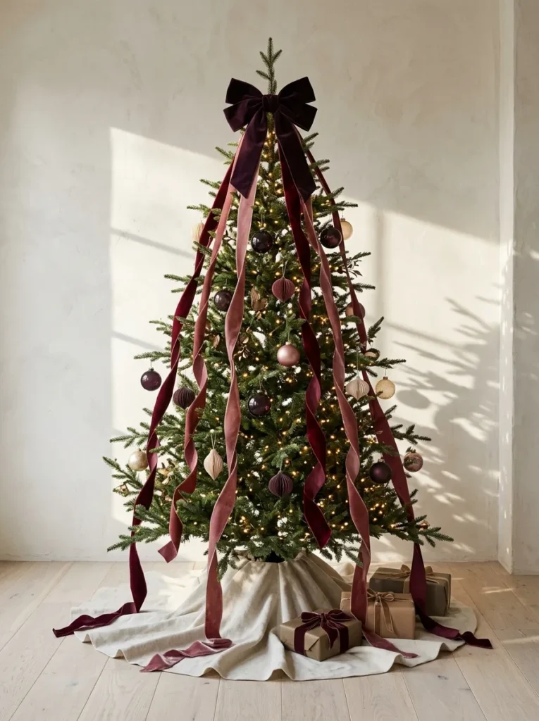 "Fir tree with bordeaux and dusty rose velvet ribbon cascades from an aubergine bow"