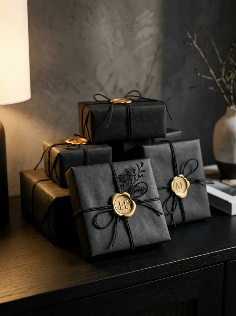  "Black kraft paper gifts with gold wax seals"