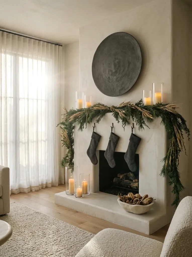 "Dried wheat garland and charcoal plaster disc on a mantel"
