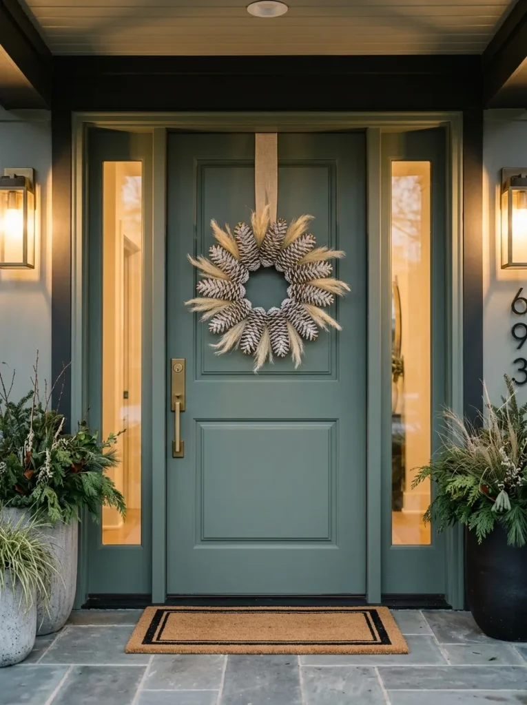 "Whitewashed pine cone sunburst wreath on a sage-green door"