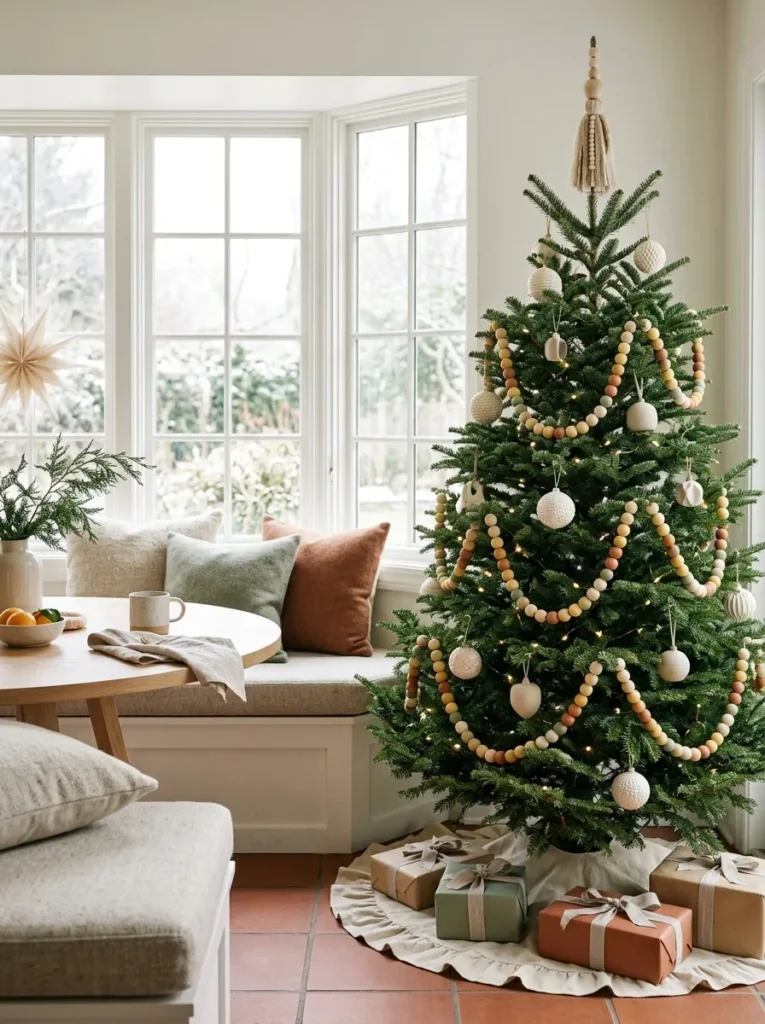  "Christmas tree draped in chunky wooden bead garlands in soft colors"