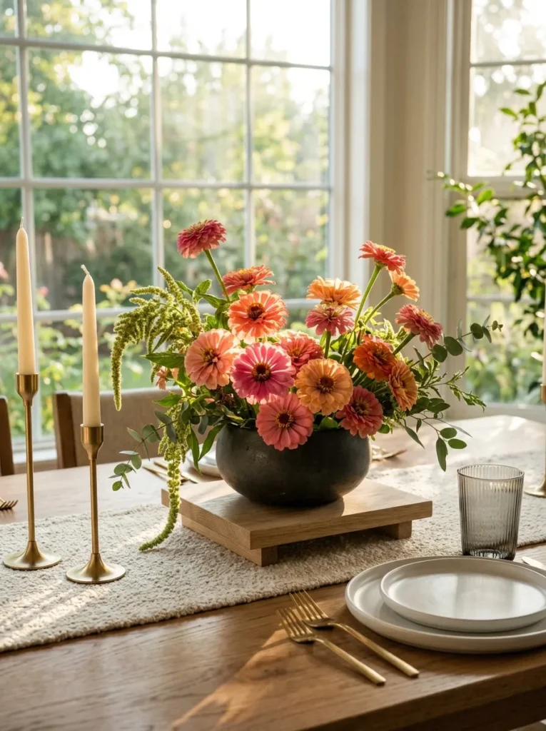 "Blush zinnias in a charcoal bowl on a white oak plinth"